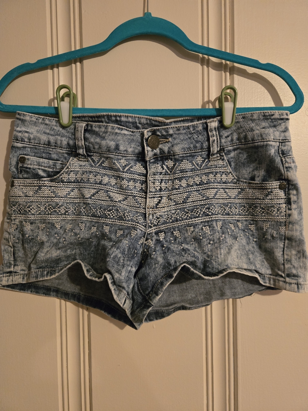 Junior's Light Blue Embroidered Denim Shorts